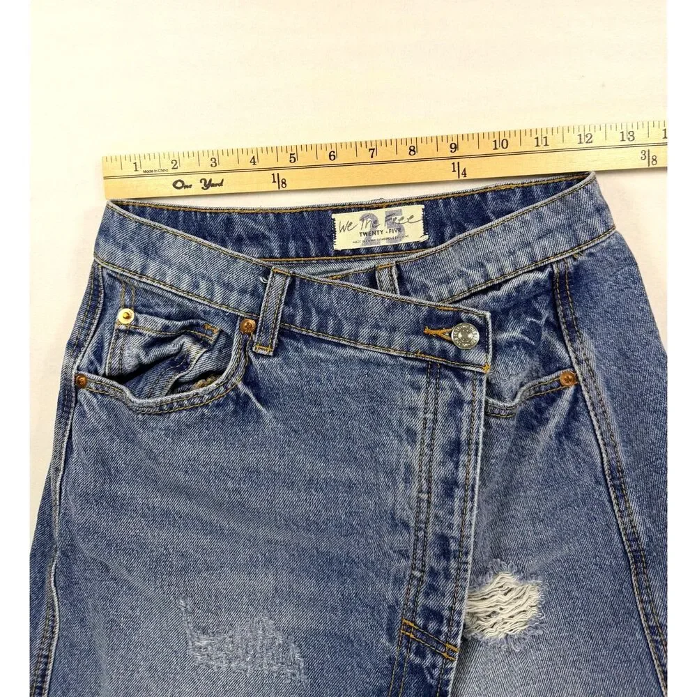 Free People Parker Asymmetrical Wrap Distressed Denim Mini Skirt 25 Summer Boho - Picture 4 of 5
